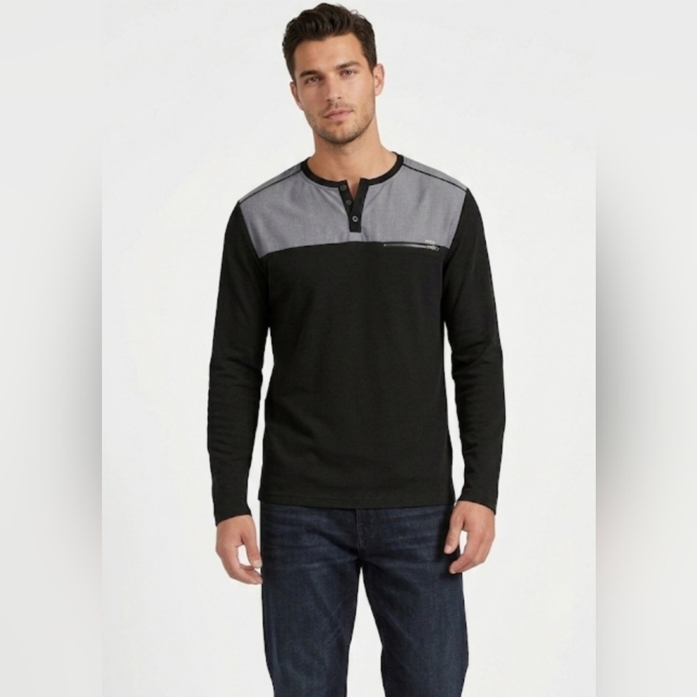 Guess Men's Two-Tone Long Sleeve Henley Shirt Black & Grey - Size XL